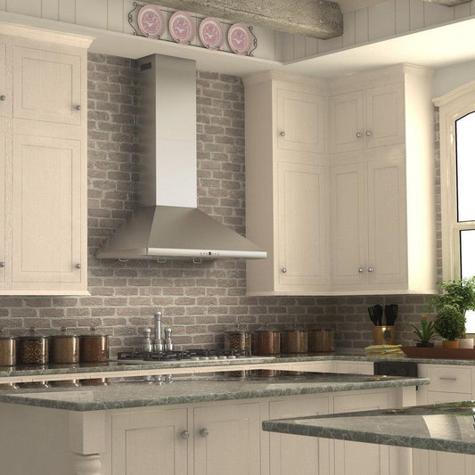 ZLINE Convertible Vent Wall Mount Range Hood in Stainless Steel (KF1) in a farmhouse-style kitchen with white cabinets.