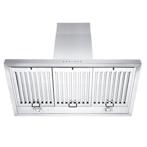 ZLINE Convertible Vent Wall Mount Range Hood in Stainless Steel (KL3) under showing baffle filters and LED lighting.