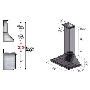 ZLINE CrownSound Ducted Vent Wall Mount Range Hood in Stainless Steel with Built-in Bluetooth Speakers (KBCRN-BT) 24-inch dimensions.