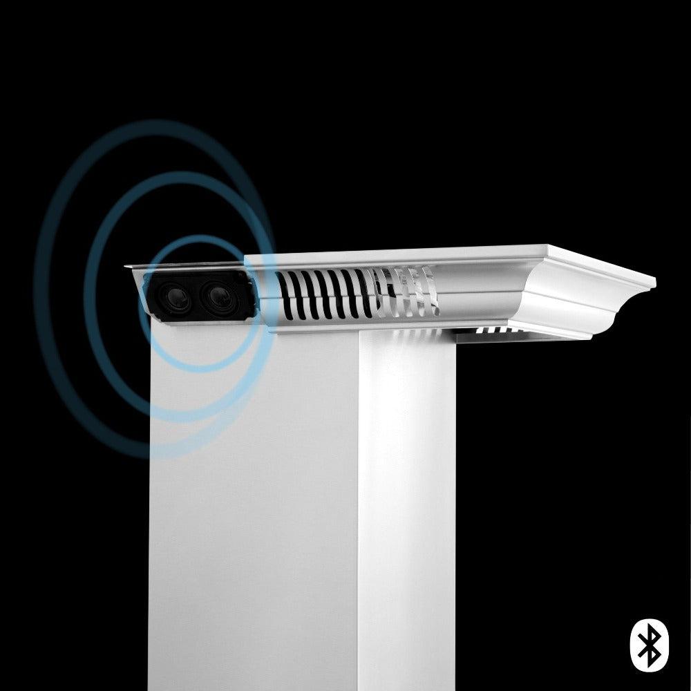 ZLINE CrownSound Ducted Vent Wall Mount Range Hood in Stainless Steel with Built-in Bluetooth Speakers (KBCRN-BT) close-up, speakers revealed beneath Crownsound.