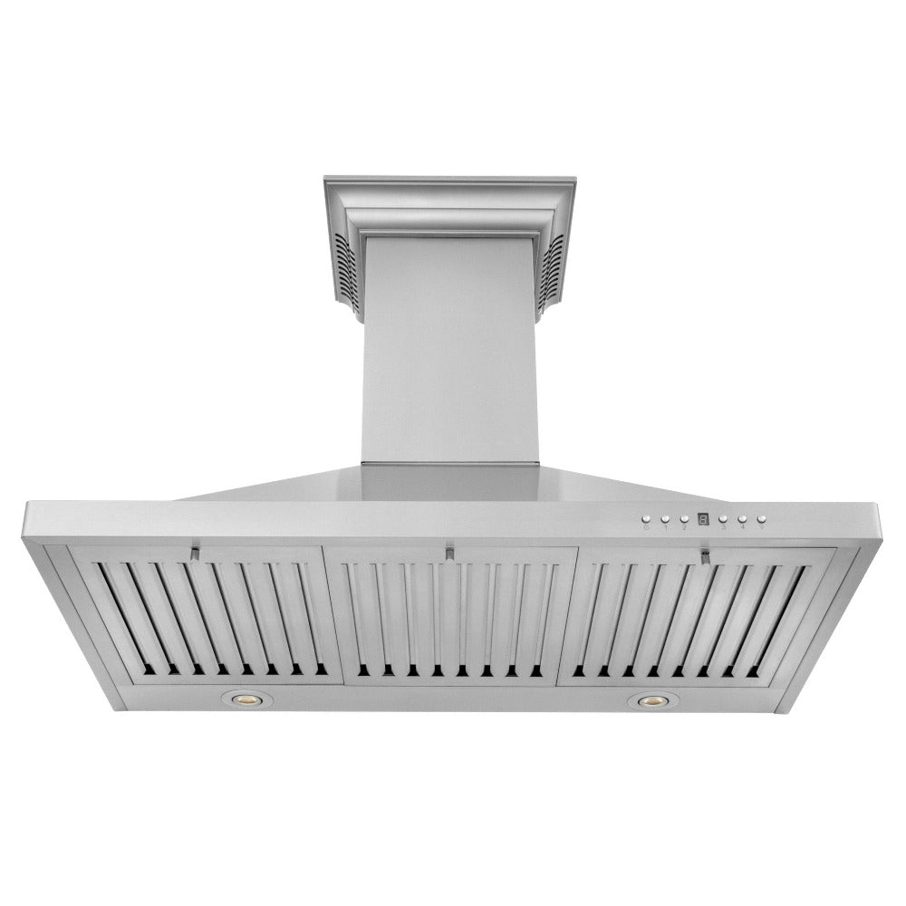 ZLINE CrownSound Ducted Vent Wall Mount Range Hood in Stainless Steel with Built-in Bluetooth Speakers (KBCRN-BT) front, under.