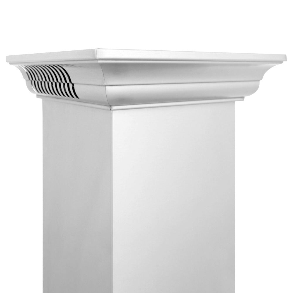 ZLINE CrownSound Ducted Vent Wall Mount Range Hood in Stainless Steel with Built-in Bluetooth Speakers (KBCRN-BT) close-up, Crownsound