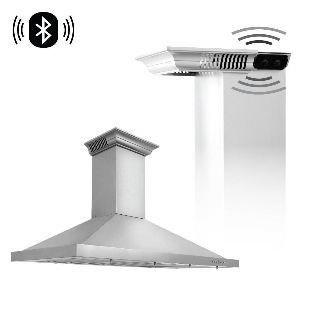 ZLINE CrownSound Ducted Vent Wall Mount Range Hood in Stainless Steel with Built-in Bluetooth Speakers (KBCRN-BT) 42-inch size.