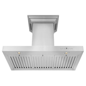 ZLINE Wall Mount Range Hood In Stainless Steel With Built-In ZLINE CrownSound Bluetooth Speakers (KECRN-BT) front, under.