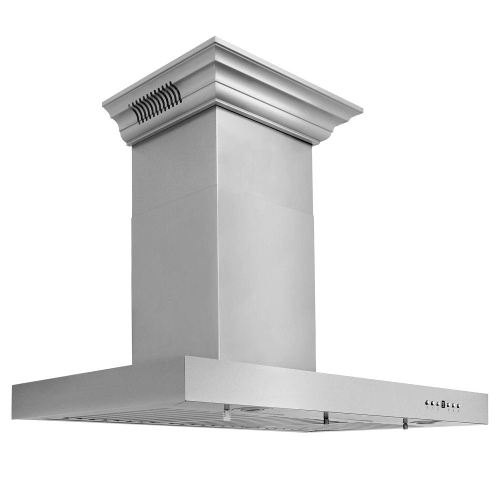 ZLINE Wall Mount Range Hood In Stainless Steel With Built-In ZLINE CrownSound Bluetooth Speakers (KECRN-BT) side, under.