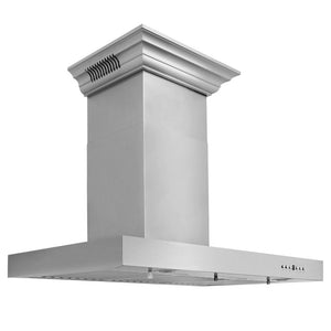 ZLINE Wall Mount Range Hood In Stainless Steel With Built-In ZLINE CrownSound Bluetooth Speakers (KECRN-BT) side, under.