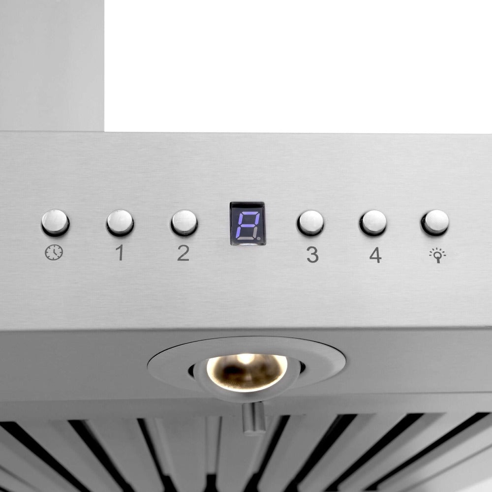 ZLINE Wall Mount Range Hood In Stainless Steel With Built-In ZLINE CrownSound Bluetooth Speakers (KECRN-BT) close-up, buttons and display.