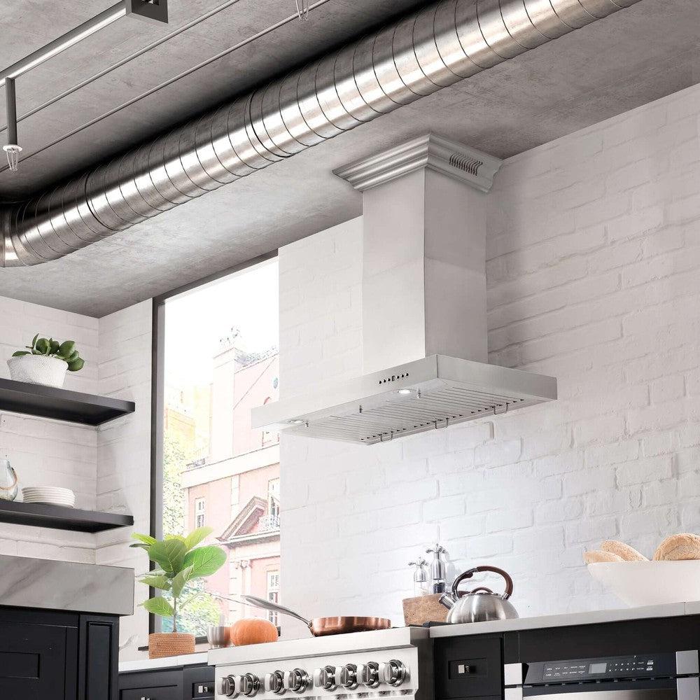 ZLINE Wall Mount Range Hood In Stainless Steel With Built-In ZLINE CrownSound Bluetooth Speakers (KECRN-BT) in a moderns apartment kitchen.