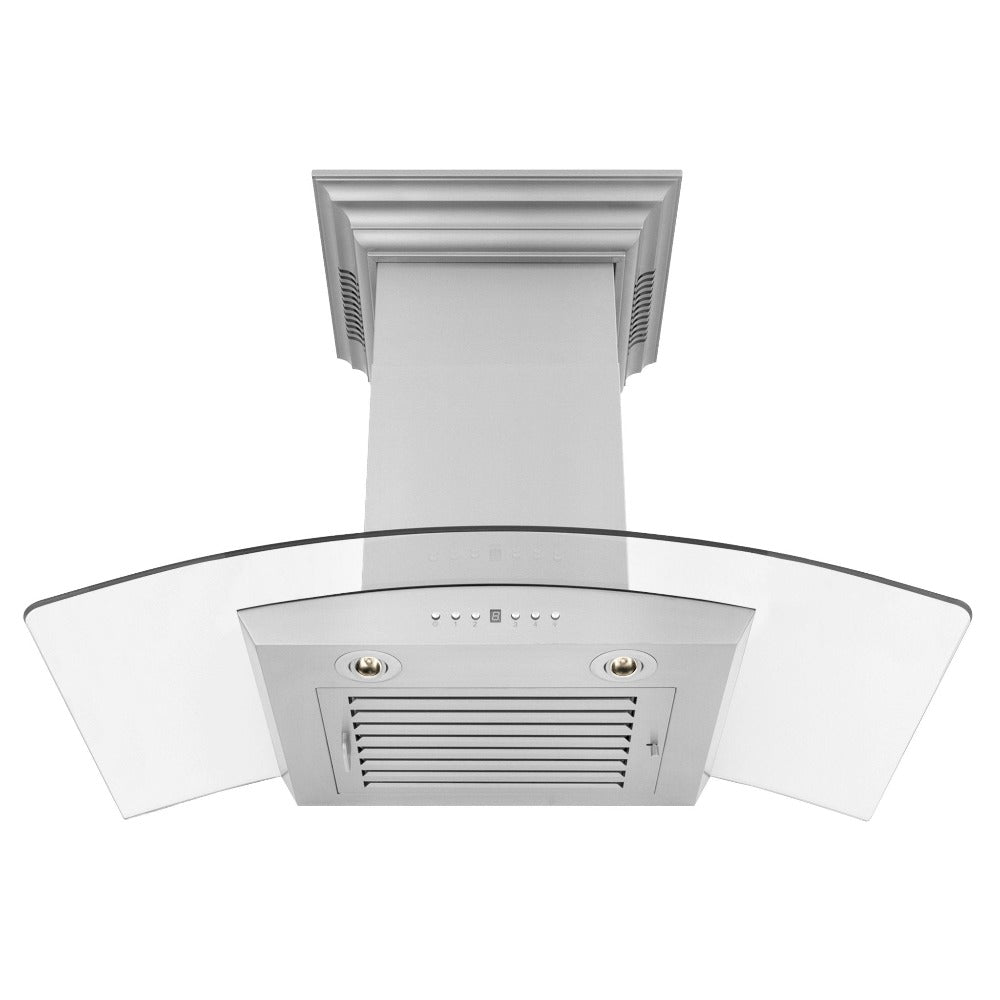 ZLINE Wall Mount Range Hood in Stainless Steel with Built-in CrownSound Bluetooth Speakers (KZCRN-BT) front, under.