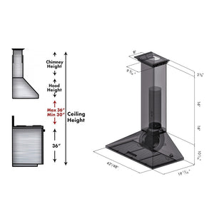 ZLINE Convertible Vent Wall Mount Range Hood in Stainless Steel with Crown Molding (KL2CRN) dimensional diagram for 42-inch and 48-inch sizes and chimney height guide.