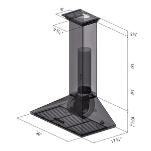 ZLINE Convertible Vent Wall Mount Range Hood in Stainless Steel with Crown Molding (KL2CRN) dimensional diagram for 30-inch size.