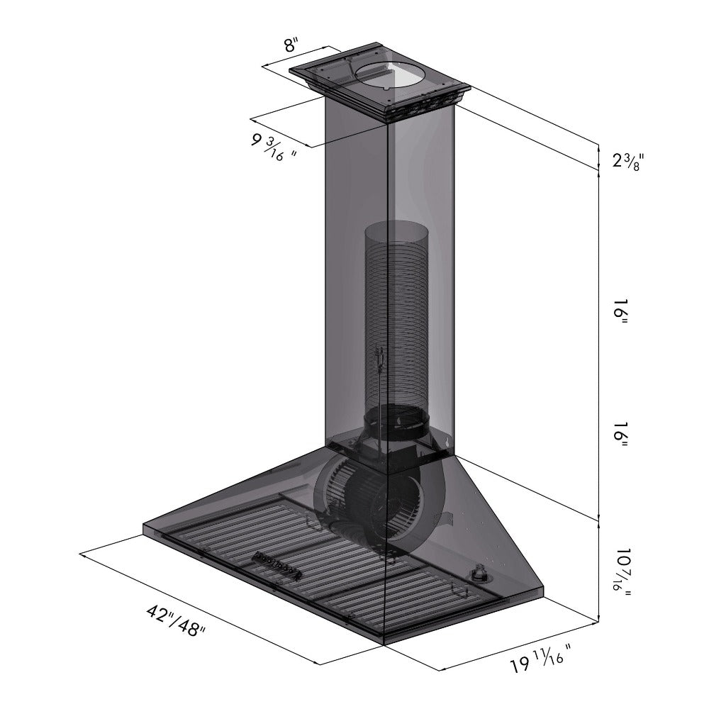 ZLINE Convertible Vent Wall Mount Range Hood in Stainless Steel with Crown Molding (KL2CRN) dimensional diagram for 42-inch and 48-inch sizes.