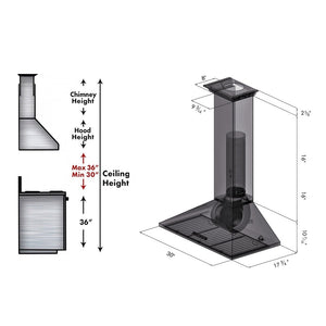 ZLINE Convertible Vent Wall Mount Range Hood in Stainless Steel with Crown Molding (KL2CRN) dimensional diagram for 30-inch size and chimney height guide.