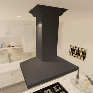 ZLINE Wooden Island Mount Range Hood in Black (KBiCC) in a white cottage-style kitchen from above.