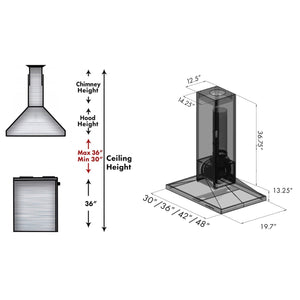 ZLINE Wooden Island Mount Range Hood in Black (KBiCC) dimensional diagram and chimney height guide.