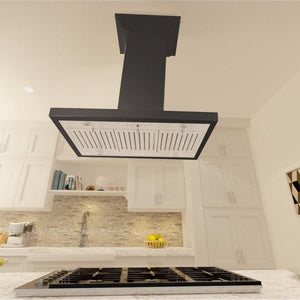 ZLINE Wooden Island Mount Range Hood in Black (KBiCC) in a white cottage-style kitchen from below.