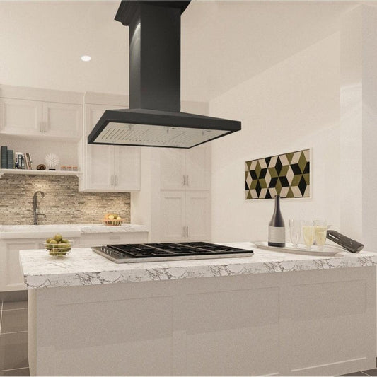 ZLINE Wooden Island Mount Range Hood in Black (KBiCC) in a white cottage-style kitchen.