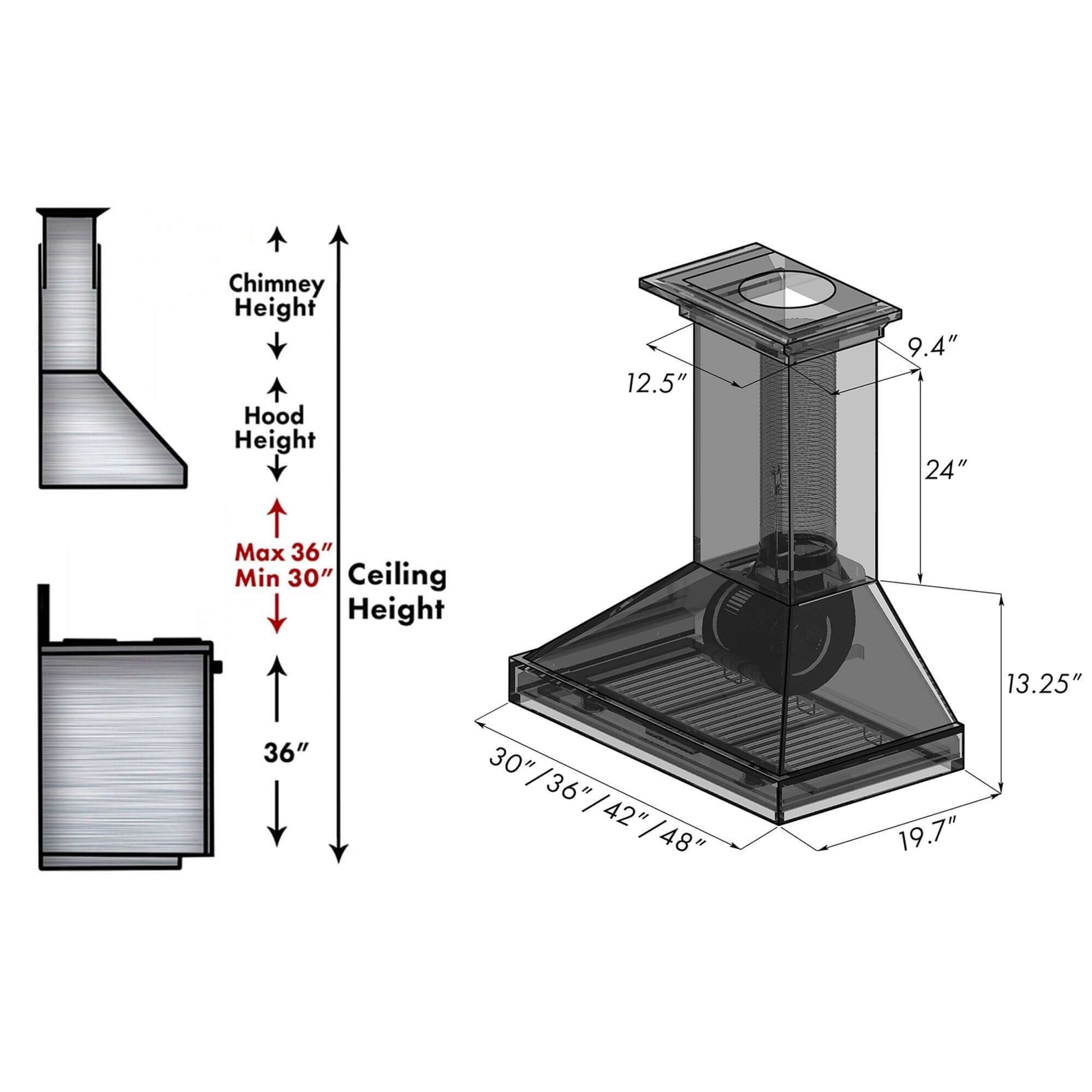 ZLINE Convertible Vent Wooden Wall Mount Range Hood in Black (KBCC) chimney height guide and dimensional diagram