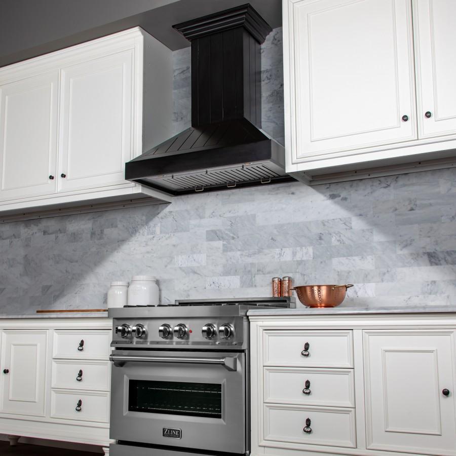 ZLINE Wooden Wall Mount Range Hood In Black in a farmhouse-style kitchen above a range from side.