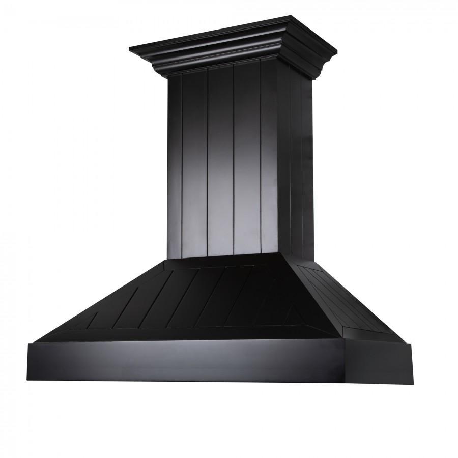 ZLINE Wooden Wall Mount Range Hood In Black - Includes Motor (KPCC) side with short chimney.