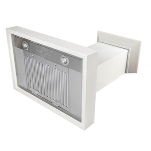 ZLINE Ducted Wooden Wall Mount Range Hood in Cottage White (KBTT) angled under.