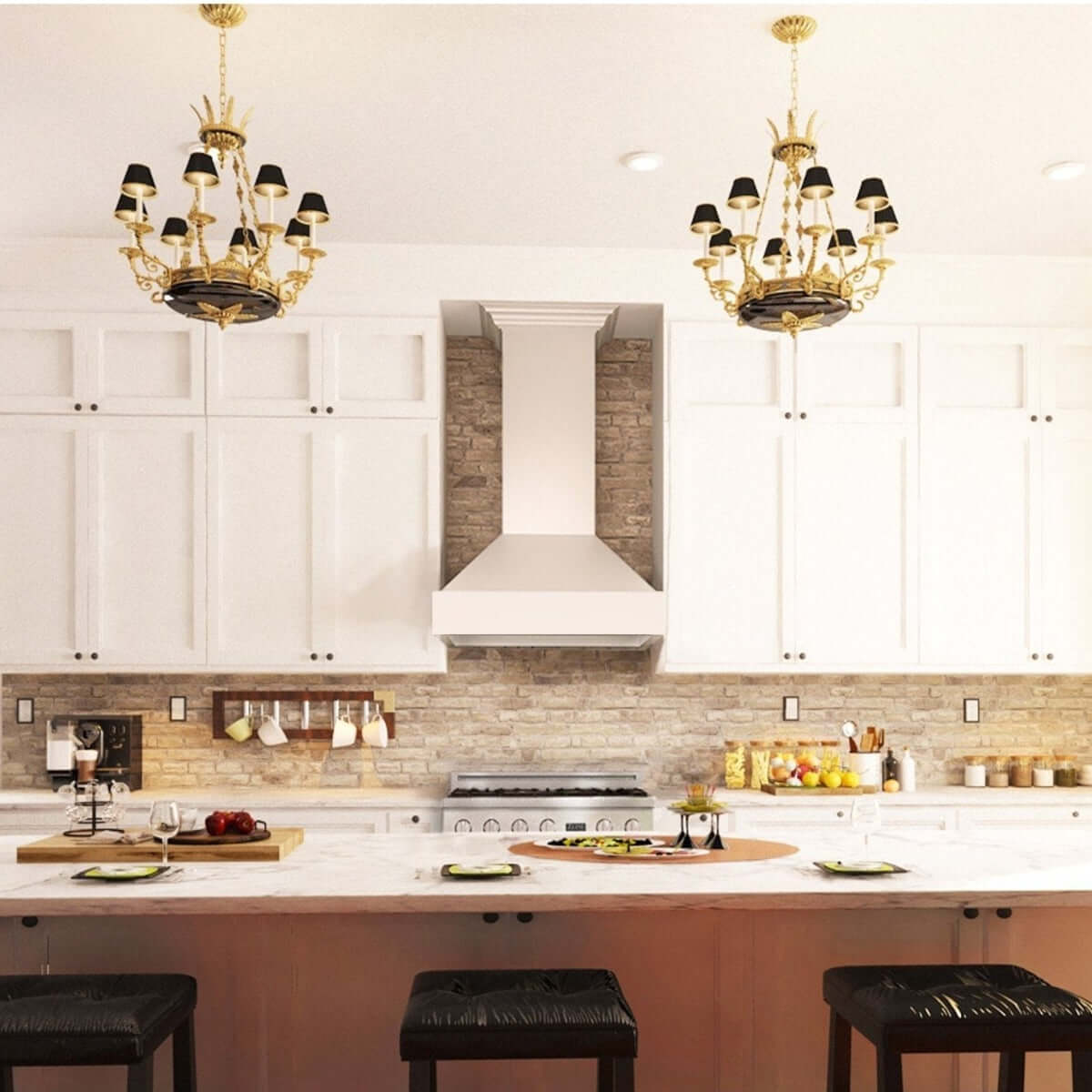 ZLINE Ducted Wooden Wall Mount Range Hood in Cottage White (KBTT) in a luxury kitchen