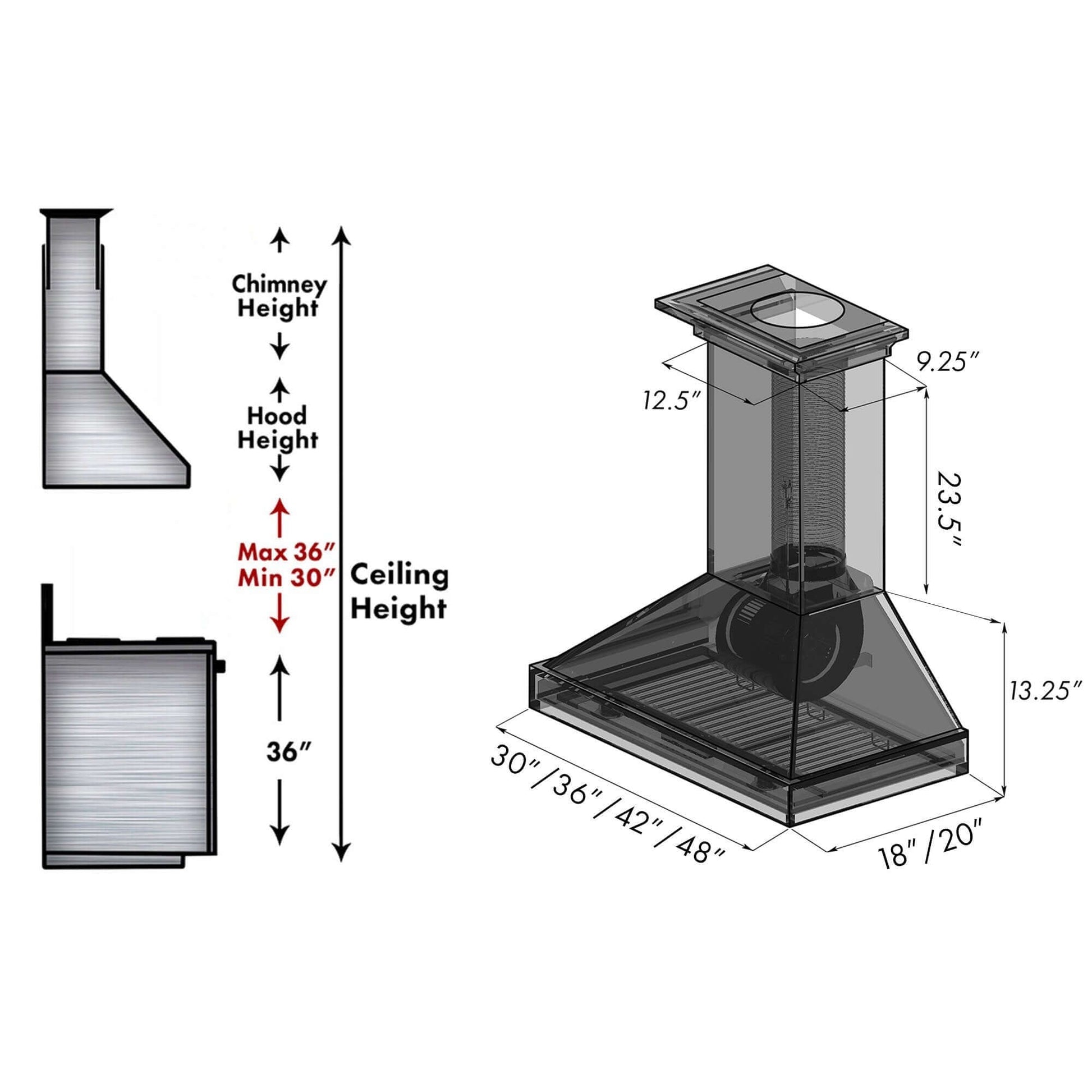 ZLINE Ducted Wooden Wall Mount Range Hood in Cottage White (KBTT) chimney height guide and dimensional measurements.