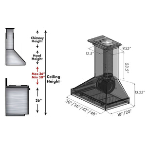 ZLINE Ducted Wooden Wall Mount Range Hood in Cottage White (KBTT) chimney height guide and dimensional measurements.