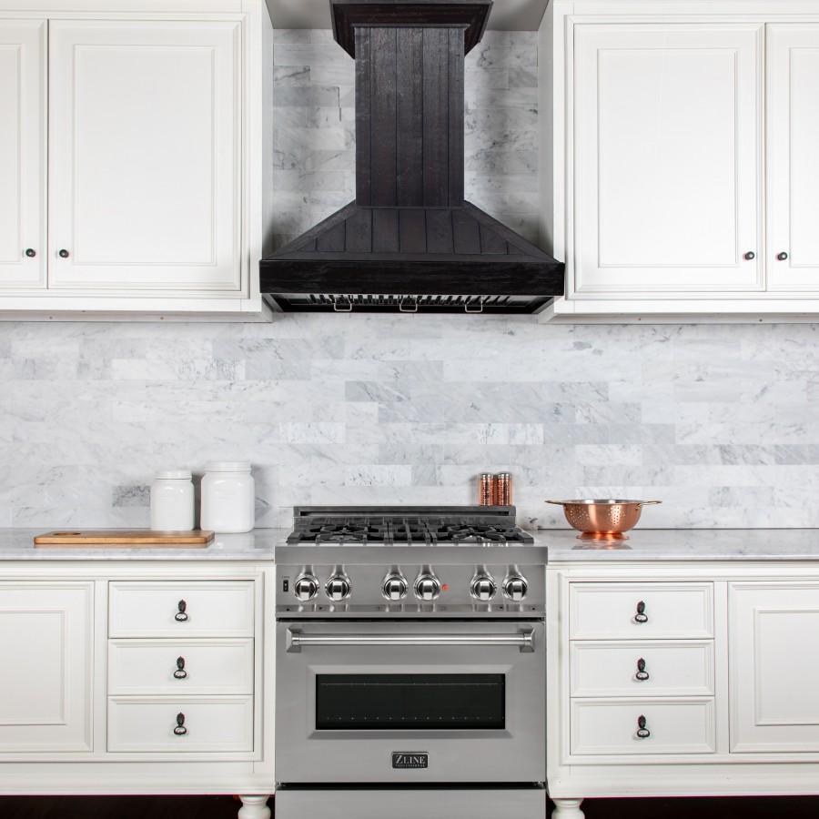 ZLINE Wooden Wall Mount Range Hood In Rustic Dark Finish (KPDD) in a luxury kitchen, front.