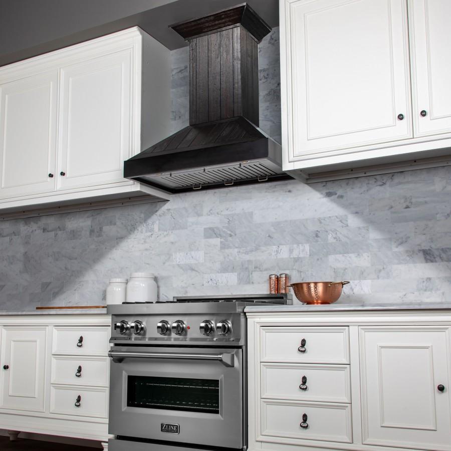 ZLINE Wooden Wall Mount Range Hood In Rustic Dark Finish (KPDD) in a luxury kitchen, side.