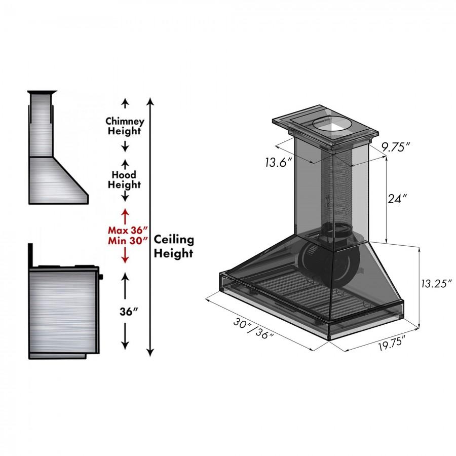 ZLINE Wooden Wall Mount Range Hood In Rustic Dark Finish (KPDD) dimensional diagram.