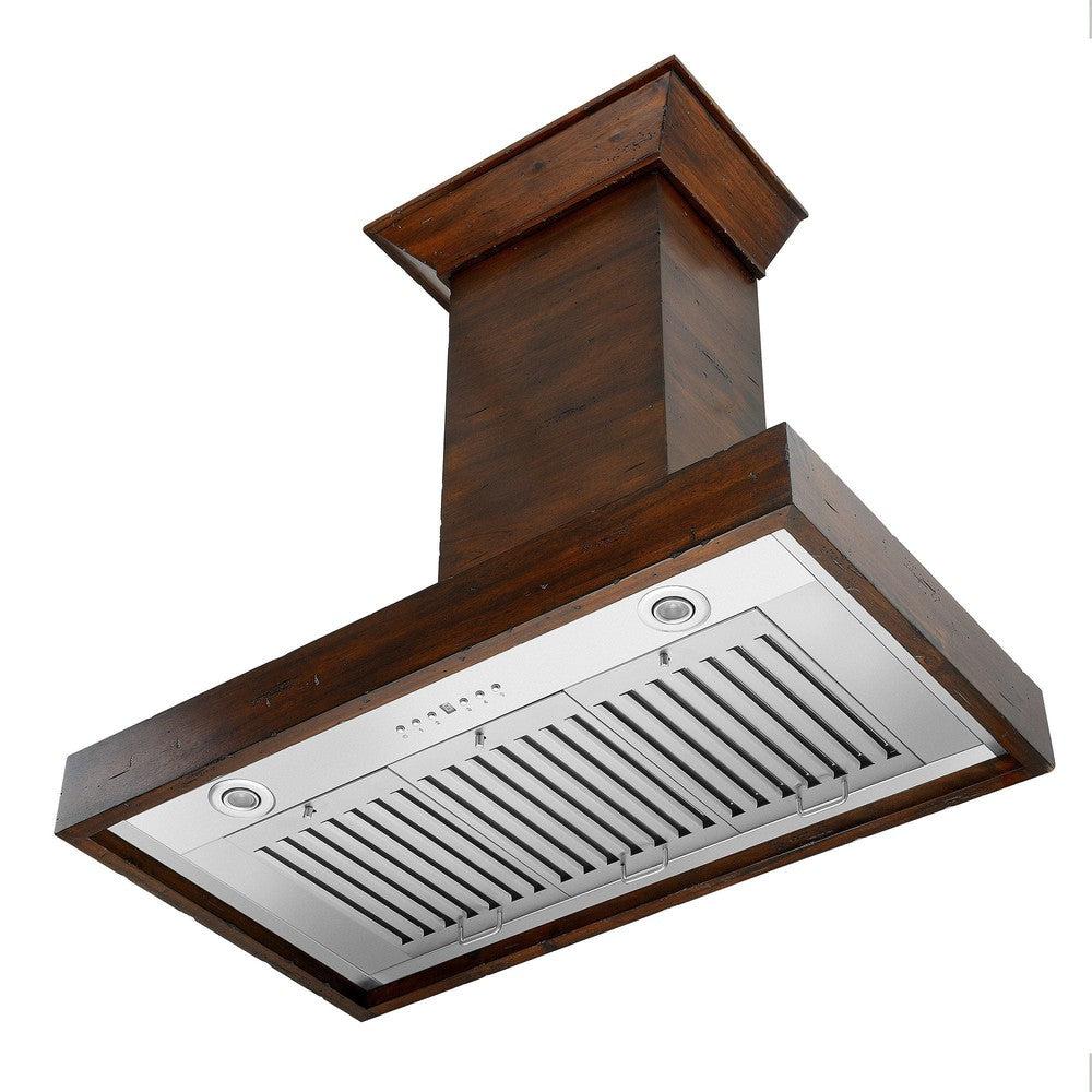 ZLINE Convertible Vent Wooden Wall Mount Range Hood in Walnut (KBRR) under, side.