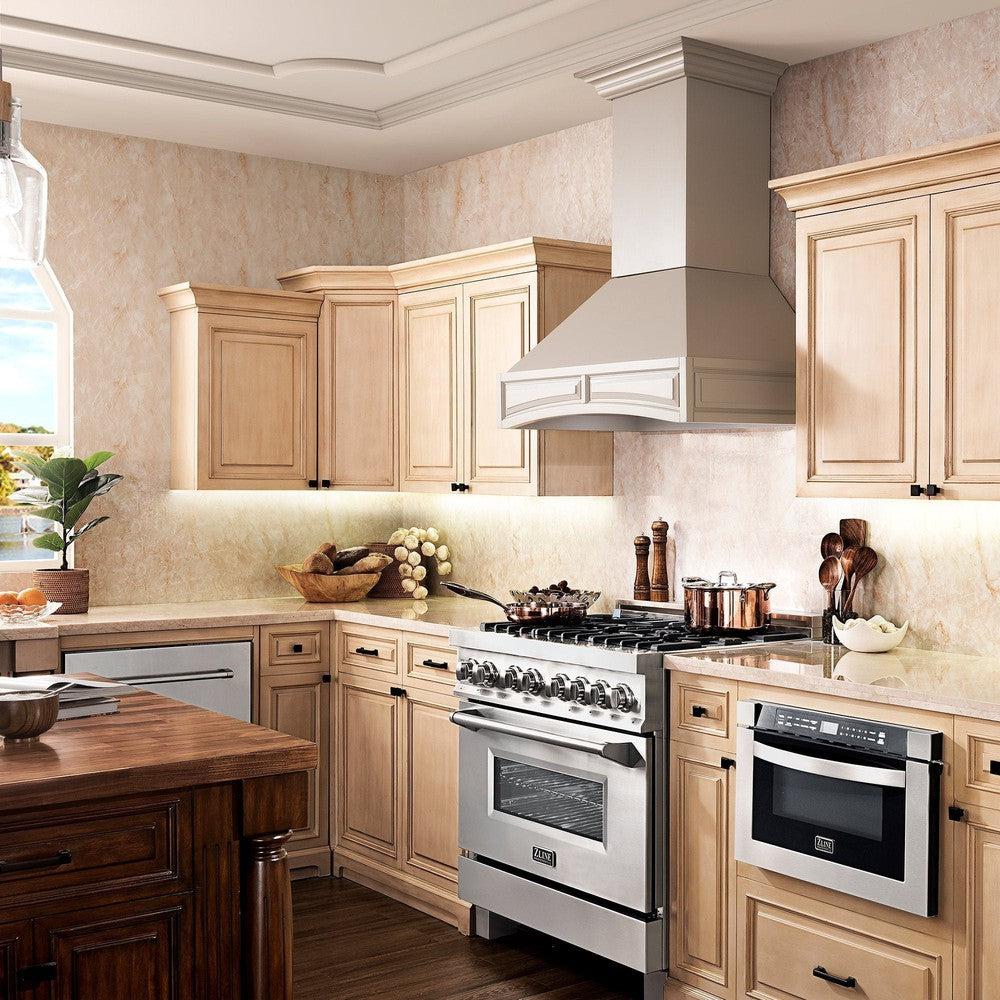 ZLINE Wooden Wall Mount Range Hood in White (321TT) in a farmhouse kitchen, wide.