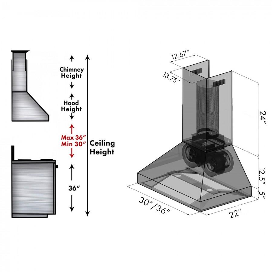 ZLINE Wooden Wall Mount Range Hood in White (321TT) dimensional diagram.