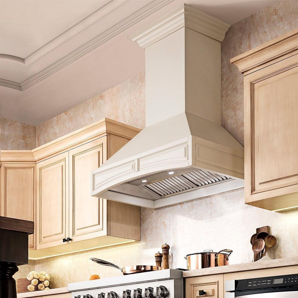 ZLINE Wooden Wall Mount Range Hood in White (321TT) in a farmhouse kitchen.